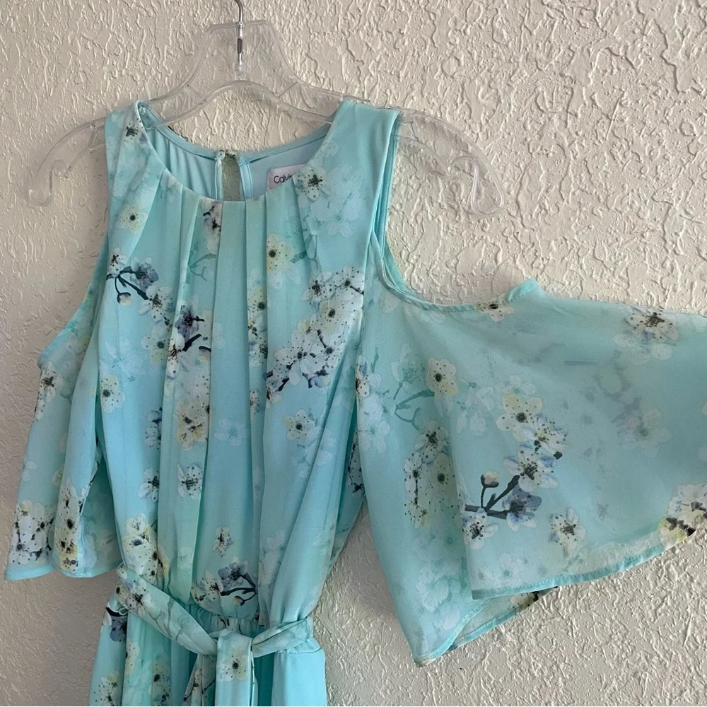 Calvin Klein 6 Maxi Dress Aqua Blue Asian Floral Cold Shoulder Chiffon Flowy - Picture 6 of 13